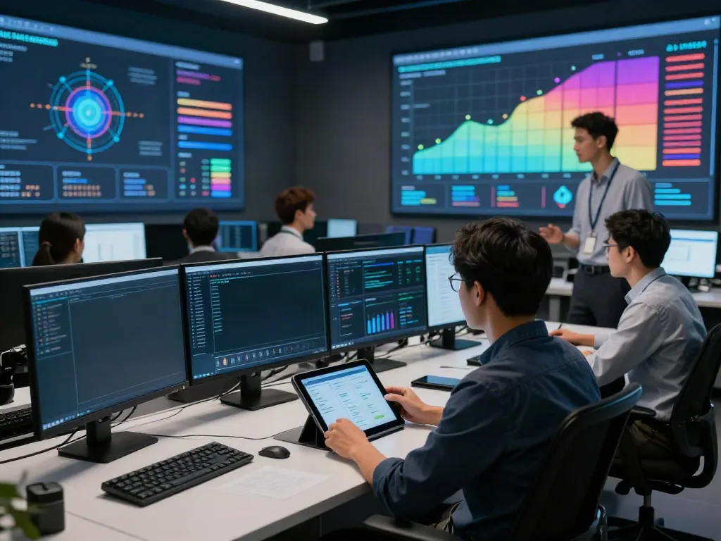 Professionals analyzing AI tokens performance in a modern tech infrastructure control room