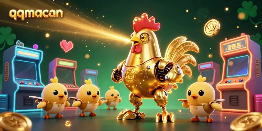 Engage with the stunning 3D scene of qqmacan featuring a golden rooster robot amidst colorful gaming elements.