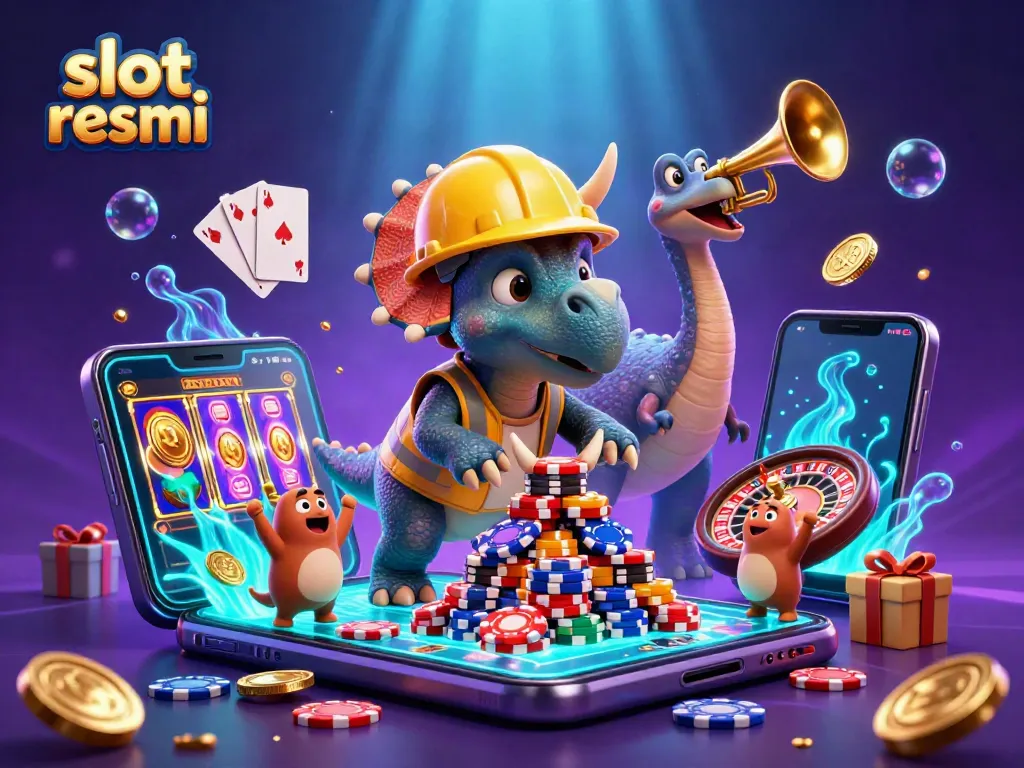Experience the excitement of slot resmi with dynamic characters building a poker chip pyramid.