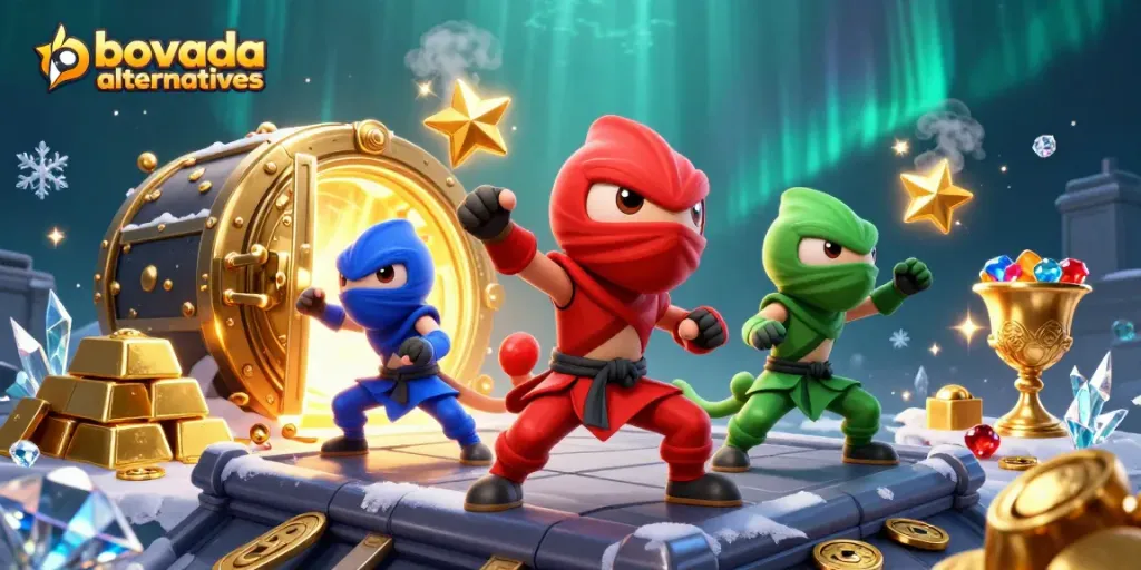 Explore exciting bovada alternatives with the ninja chameleon team amid a treasure scene.
