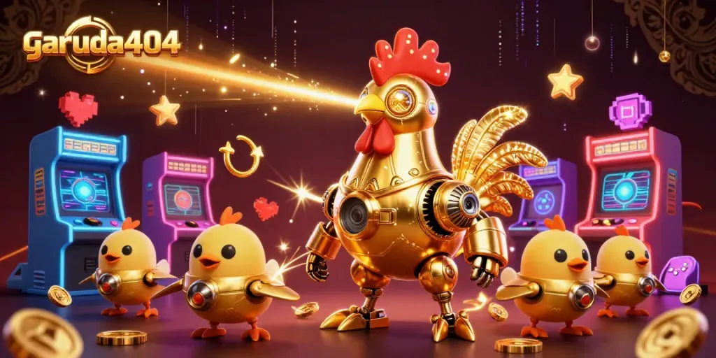 Experience excitement at garuda404 with vibrant arcade machines and a golden rooster robot.