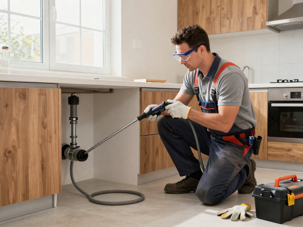 Professional plumber performing drain cleaning Fort Worth with high-pressure equipment in a modern home.