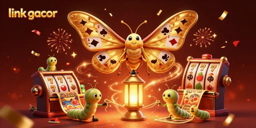 Experience thrilling wins with link gacor as a majestic moth guides you through a vibrant casino scene.