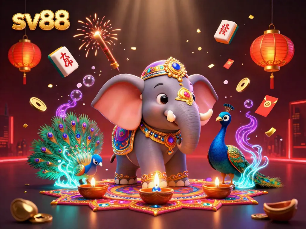 Experience sv88 with a vibrant casino scene featuring a Diwali elephant and interactive game elements.
