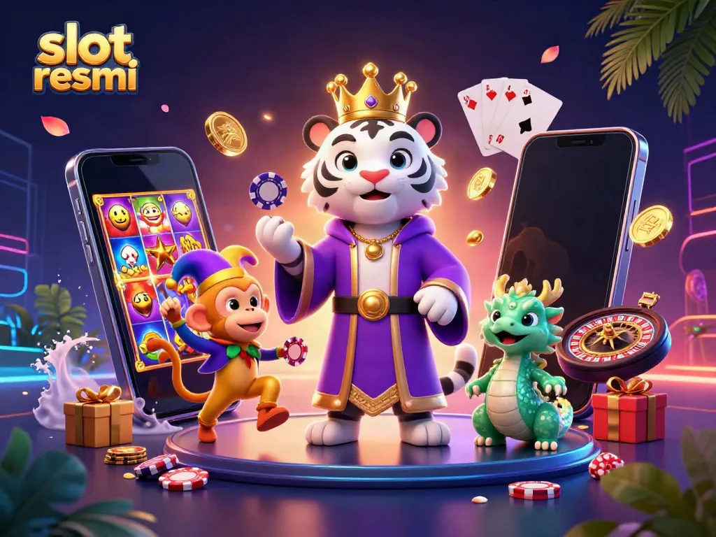 Engaging slot resmi illustration with a majestic tiger, monkey, and dragon amidst vibrant casino elements.