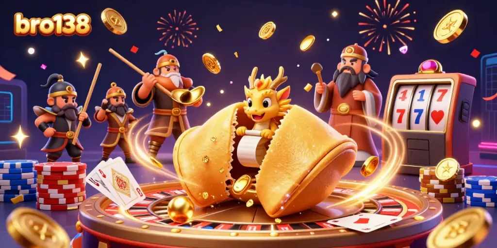 Experience the excitement of gambling with bro138 featuring a golden fortune cookie, dragon, and dynamic casino elements.