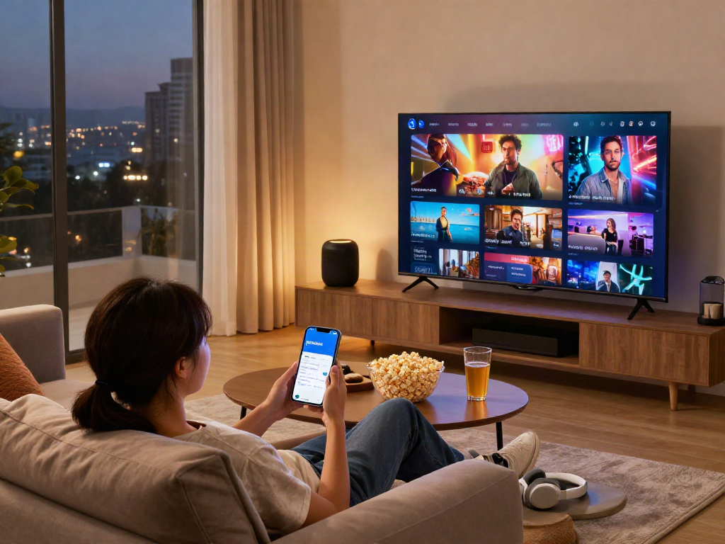 Enjoying pikashow streaming service on a cozy sofa with vibrant content.