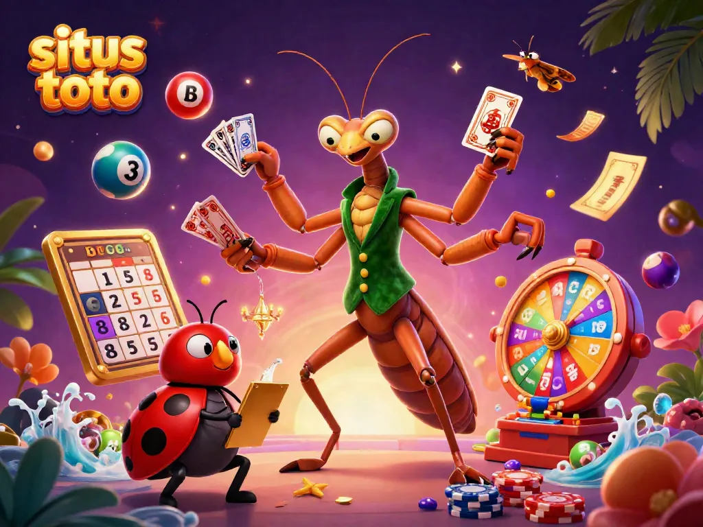 Engage with the vibrant scene of situs toto showcasing dynamic lottery games, colorful lottery elements, and animated characters.
