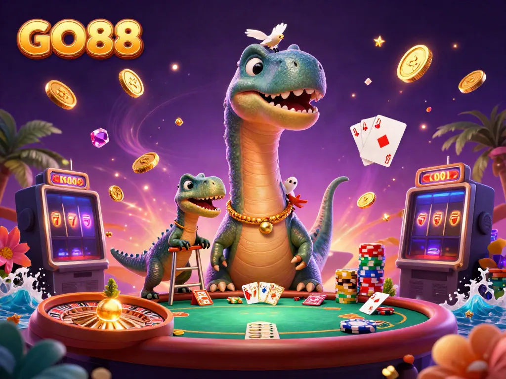 Experience thrilling gaming at GO88 with a towering brontosaurus and dynamic casino elements.