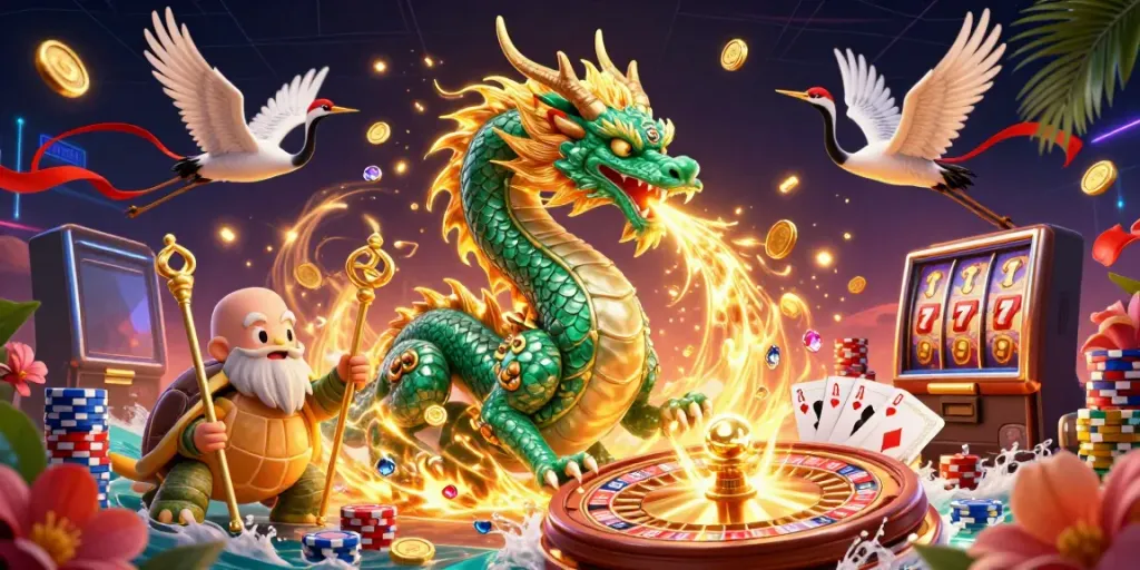 Experience bro138's vibrant casino world with a fierce jade dragon, lucky cranes, and vibrant game elements.