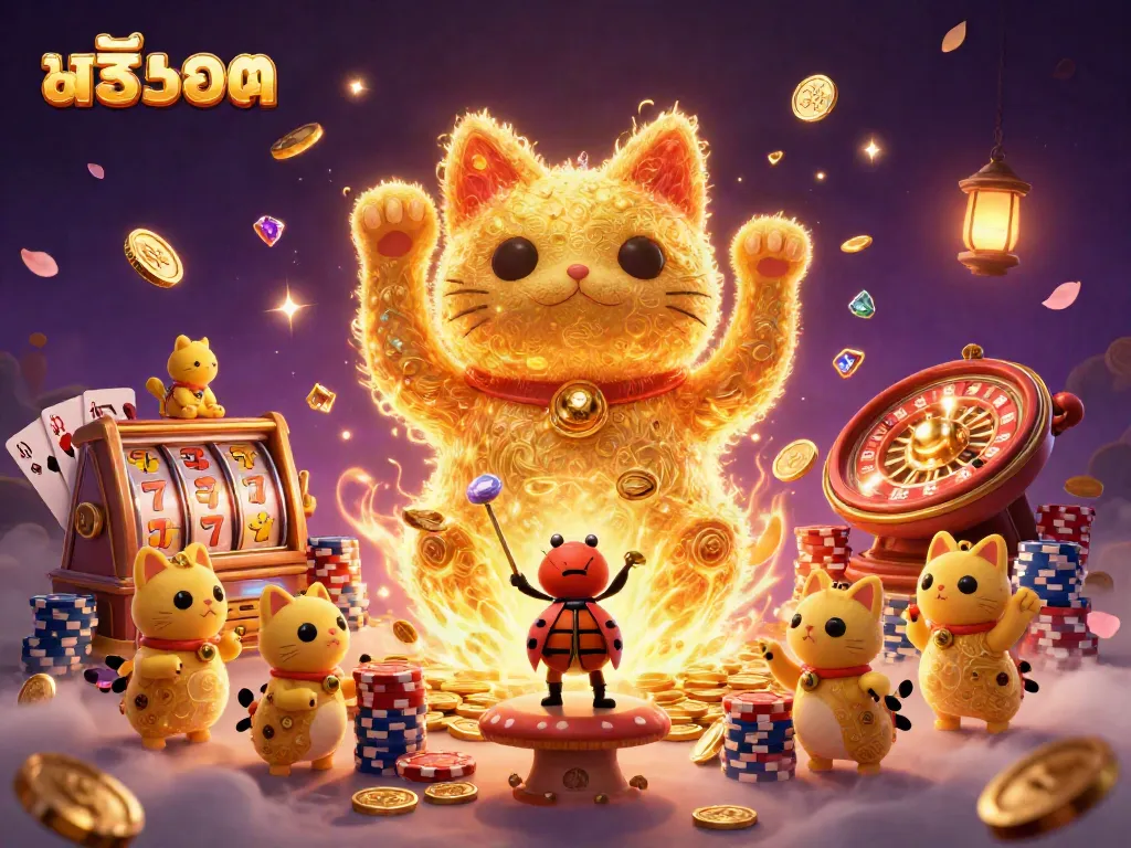 Slot machine reels showcase lucky sevens amidst a vibrant golden casino scene.