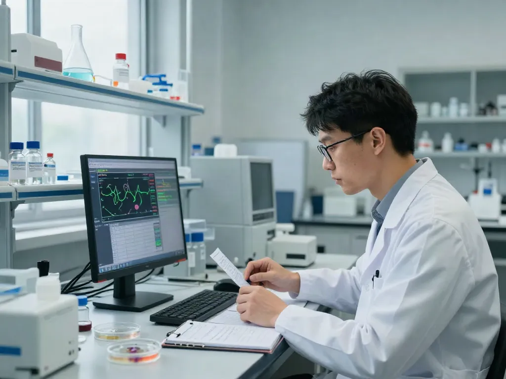 N-Acetyl Selank research environment with scientist analyzing cognitive effects.