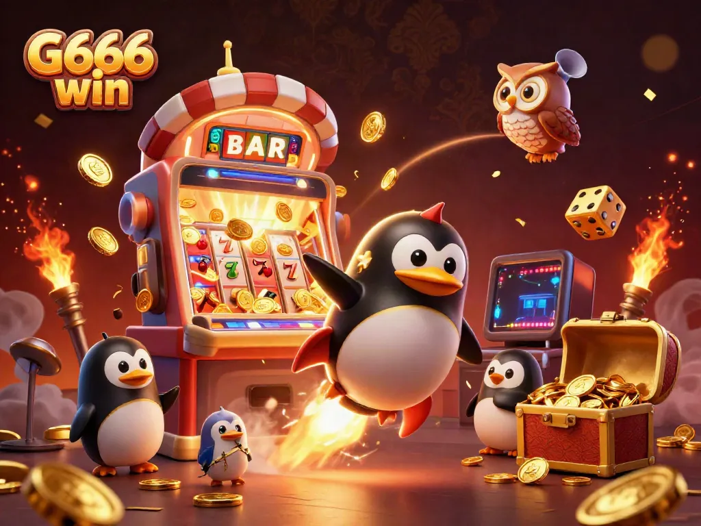 A thrilling scene depicting G666 win as a golden penguin races toward a casino chip station, surrounded by jackpot symbols.