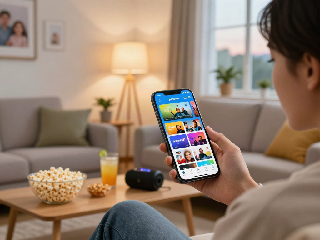 Explore the pikashow apk interface on a smartphone in a cozy living room setting