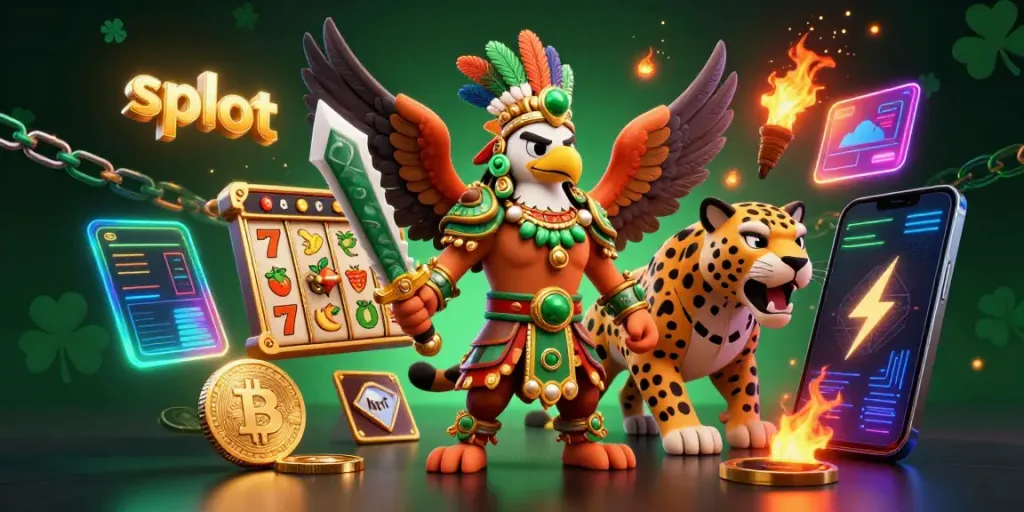 Spin the slot reels with a 3D Aztec warrior and jaguar amidst glowing crypto coins and jackpot symbols.