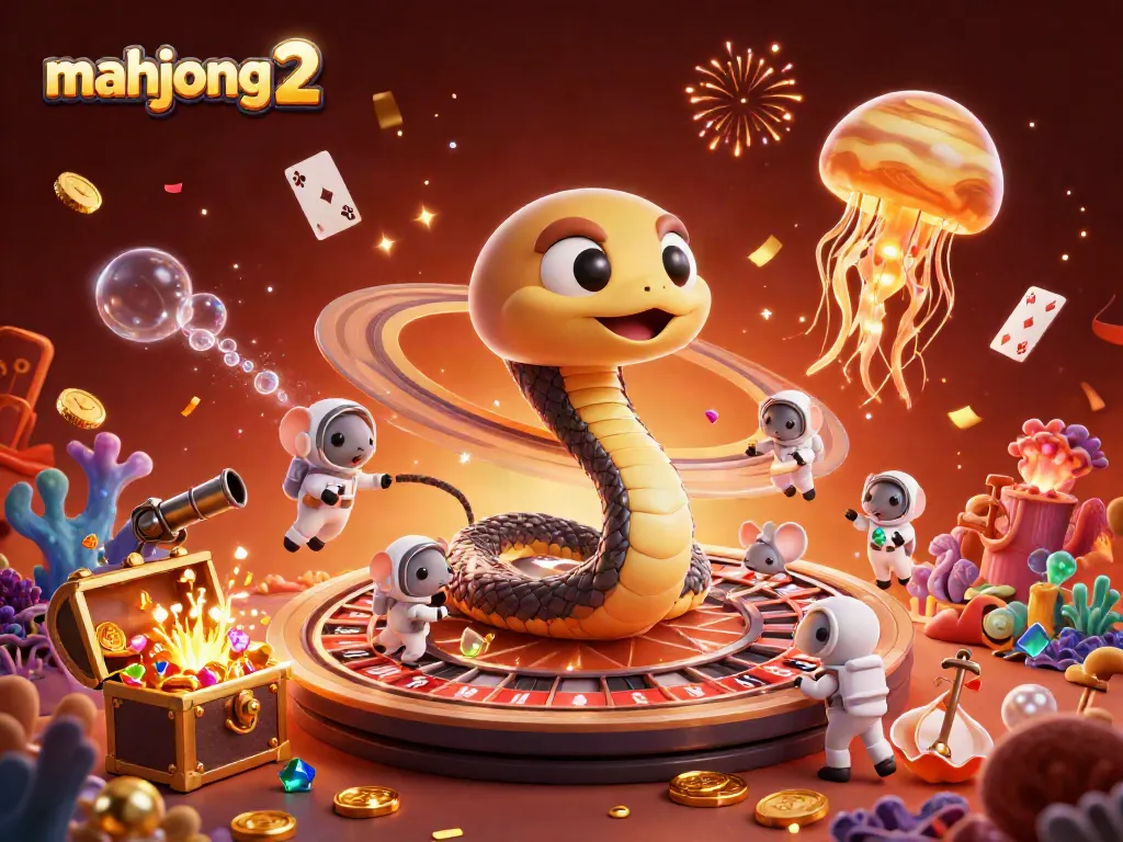 Play mahjong 2 with this vibrant cosmic roulette featuring a snake and astronaut mice.