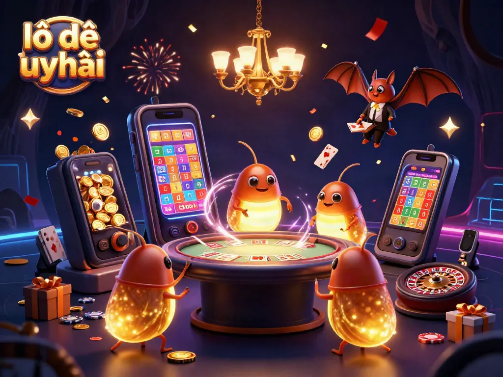Enjoy the vibrant scene of lô đề uy tín, with glowworms illuminating a stylish cave casino filled with dynamic gaming elements.
