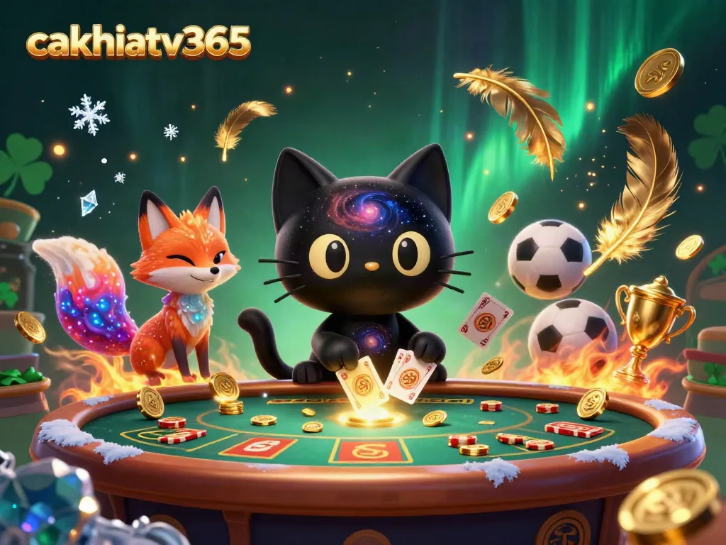 Witness the captivating cosmic casino scene with cakhiatv365 featuring a black hole cat and sports elements.