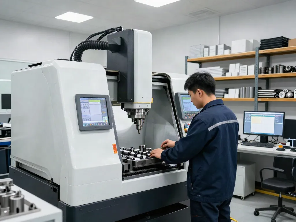 Precision CNC machining supplier technician operating advanced machinery in a modern workshop.
