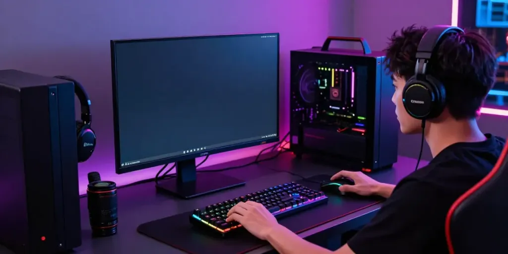 QQMacan login interface displayed on a gaming monitor in a vibrant gaming room.