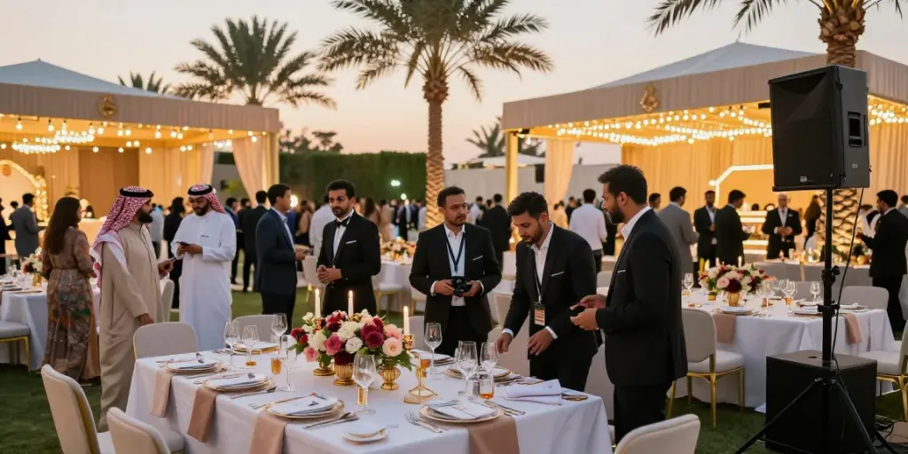 Event rentals showcasing elegant table arrangements under a marquee in Saudi Arabia