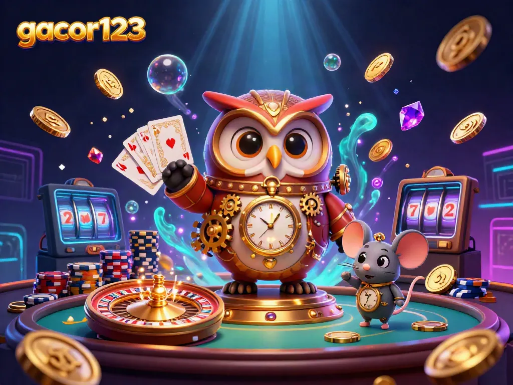 Engage with gacor123 through interactive gaming with a steampunk owl and casino elements.