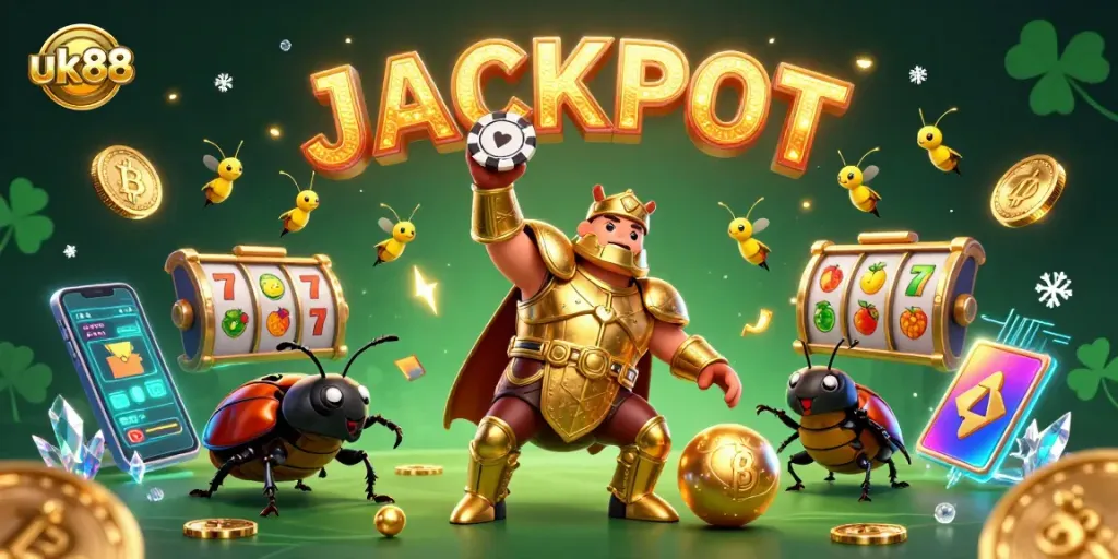 Experience the excitement of uk88 with a victorious hero beetle amidst vibrant casino elements and a glowing jackpot.