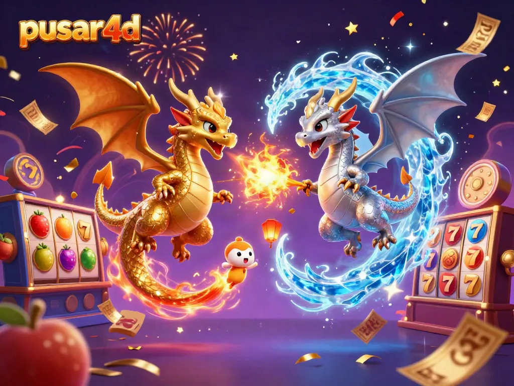 Immerse in pusar4d's dynamic casino world with dragons, spinning reels, and festive effects.