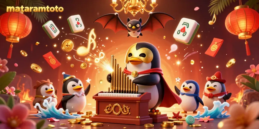 Experience fun at MATARAMTOTO with a lively 3D casino scene featuring a penguin organist and gold elements.