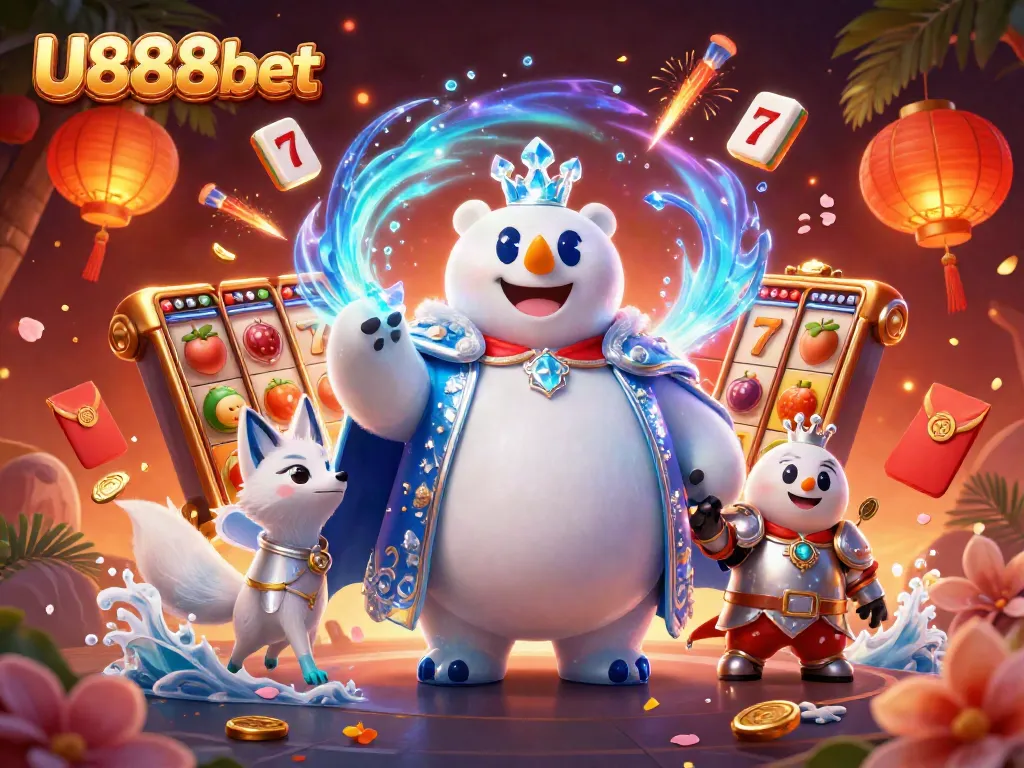 Engage with exhilarating U888bet slots gameplay in a vivid 3D casino scene featuring cartoon characters and dynamic elements.