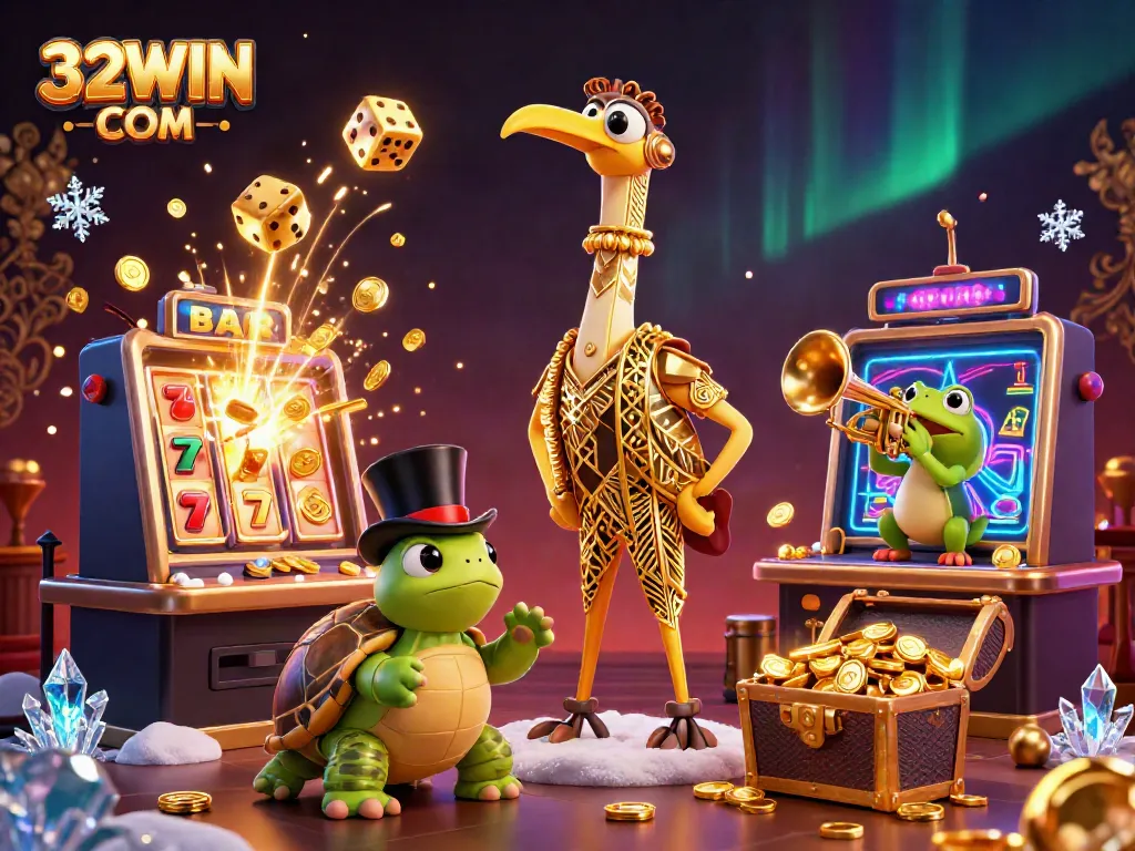 Win big with 32WIN COM at a spectacular casino bar scene featuring vibrant characters and thrilling game elements.