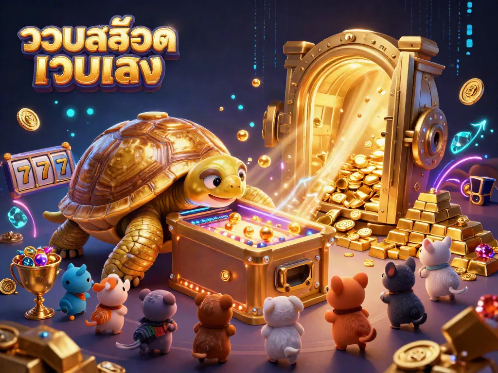 Engage in thrilling slots experience with รวมสล็อตเว็บตรง through a vibrant 3D casino scene featuring a golden tortoise pinball machine.