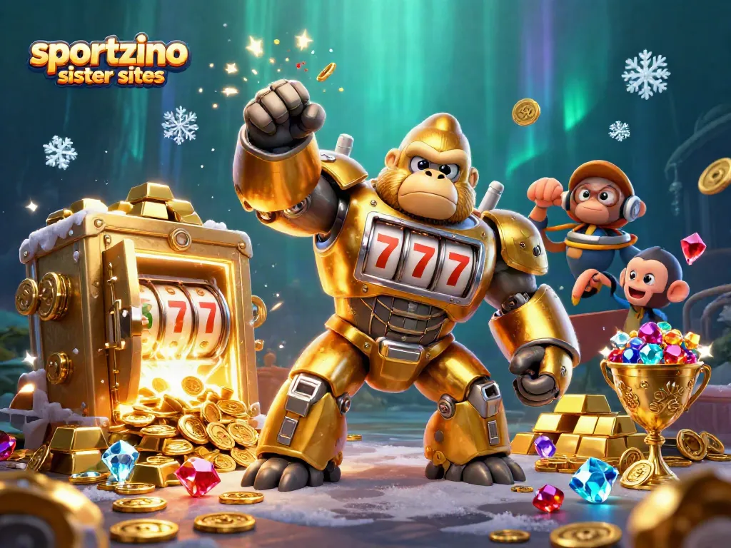 Engage with sportzino sister sites featuring a dynamic gorilla mech surrounded by treasure and vibrant casino elements.