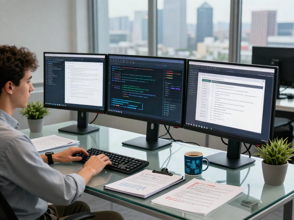 Document fraud detection workspace featuring an analyst at a glass desk with monitors showing real-time verification processes and algorithms.