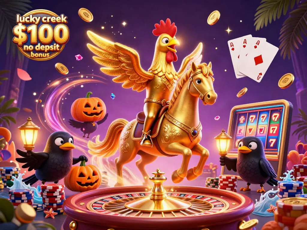 Engage with the lucky creek $100 no deposit bonus and experience thrilling casino action in a vivid, 3D illustration.