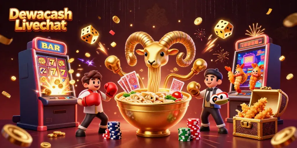 Dewacash Livechat showcases a vibrant casino scene with animated characters and rich gaming elements.