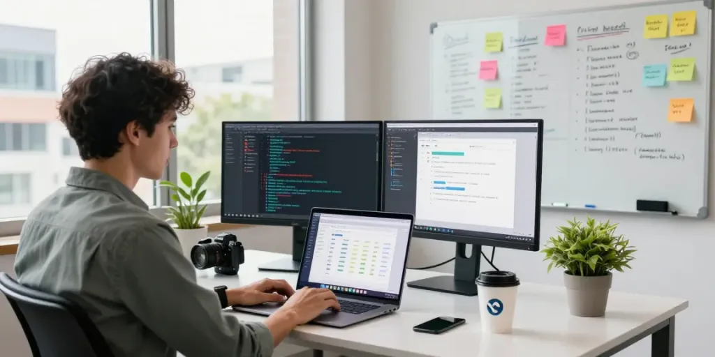 Startup founder working on mvp development service in a vibrant office with dual monitors and project management tools.
