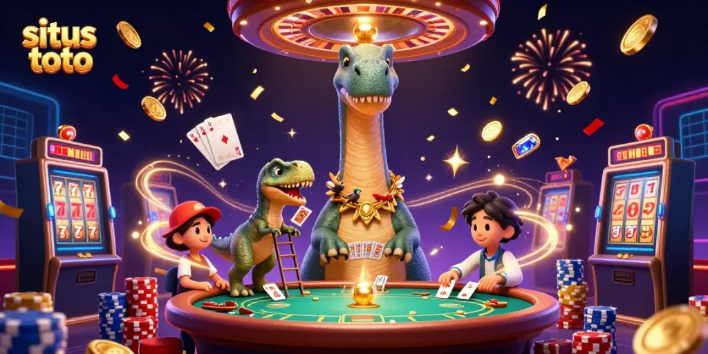 Experience the excitement of situs toto with a whimsical 3D illustration of a brontosaurus and raptor in a vibrant casino.