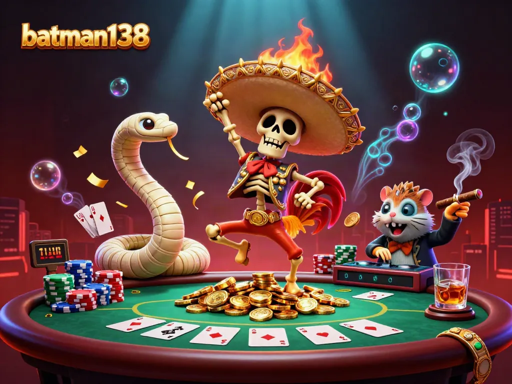 Engage with batman138 as the winning skeleton mariachi rooster dances on coins amid poker excitement.