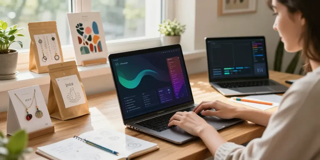 Generate Etsy listing descriptions with AI while an online seller creates appealing product visuals in a bright workspace.