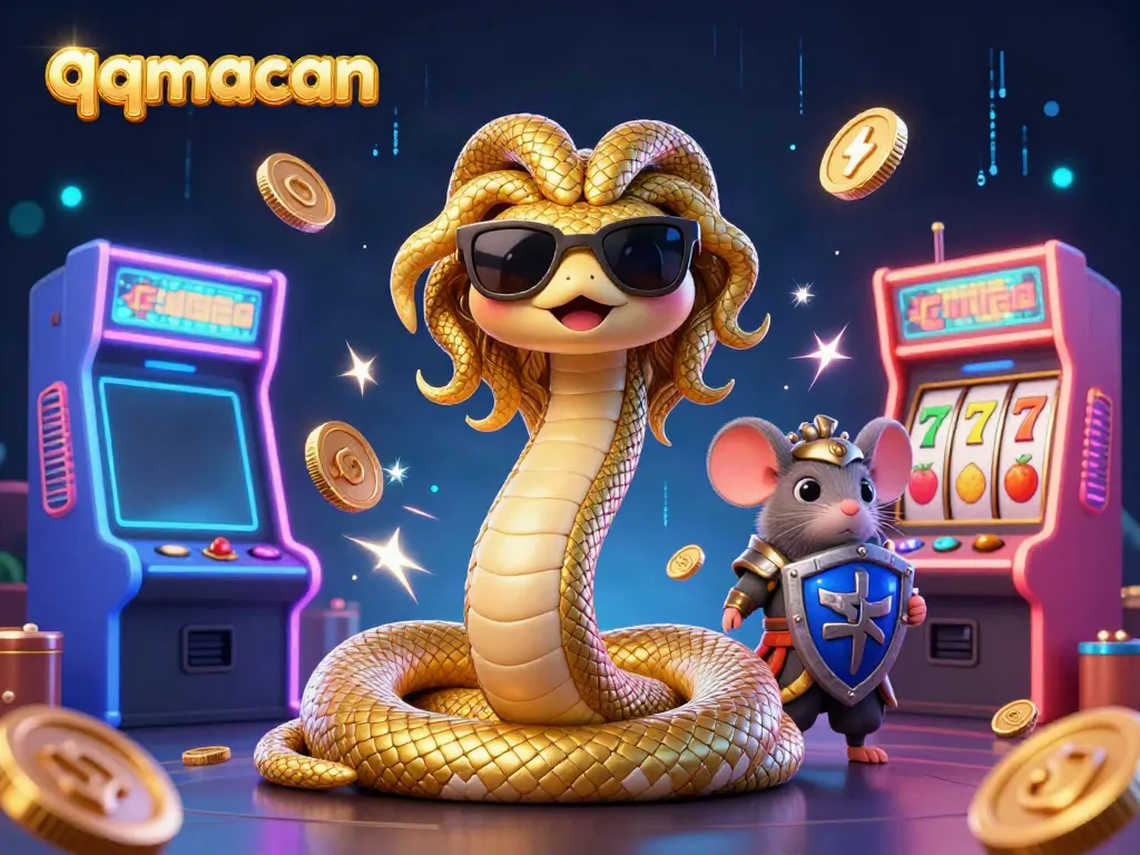 Engage with the vibrant qqmacan casino scene featuring Medusa and a warrior mouse amidst arcade games.
