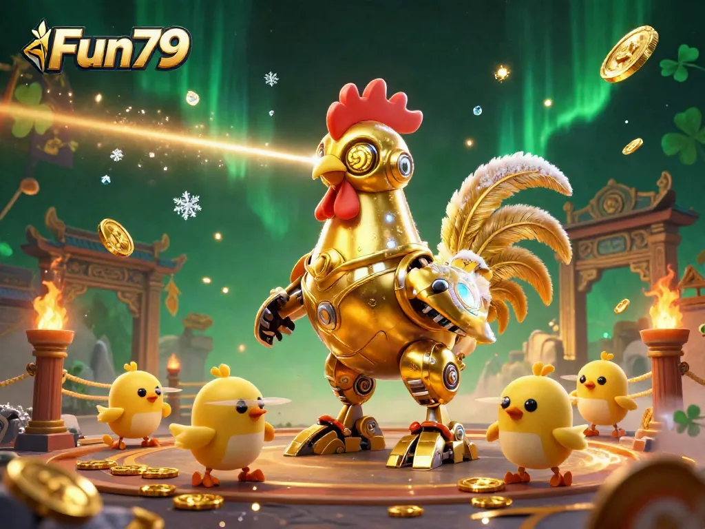 Engage with Fun79's vibrant 3D casino illustration featuring golden rooster robot and baby chick drones.