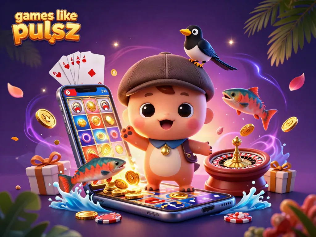 Engage with games like pulsz through a colorful casino illustration showcasing dynamic 3D elements.