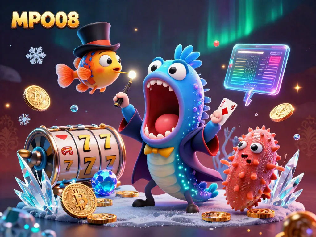 MPO08 showcases a fantastical gambling scene with unique characters performing magic tricks and playgrounds of slot reels.