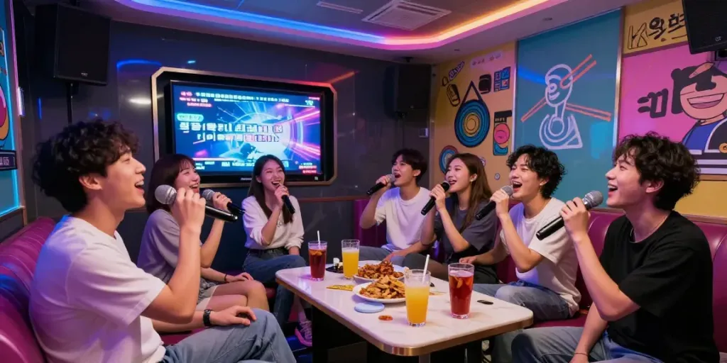 달리는토끼에서 즐거운 시간을 보내는 친구들, 화려한 조명과 함께 노래하는 모습