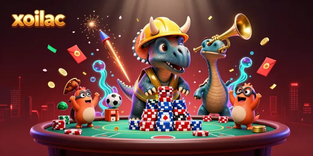 Experience the thrill of gambling with Xoilac's vibrant virtual scene featuring dynamic characters and rich casino elements.