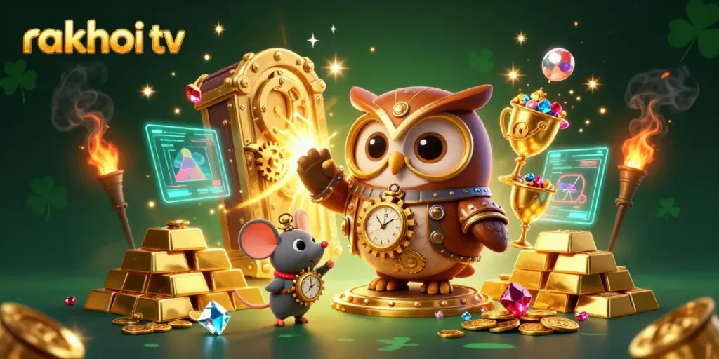 Experience the vibrant world of rakhoi tv featuring a time-traveler owl and stellar casino elements in an electrifying scene.