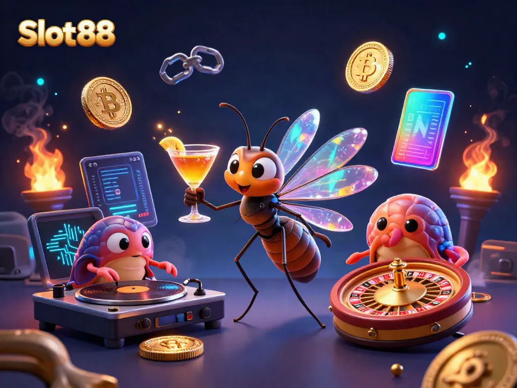 Engage in thrilling Slot 88 adventures with a lively casino mascot and vibrant game elements.