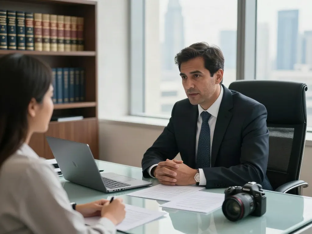 Extradition lawyer in Dubai consulting with a client in a modern legal office.