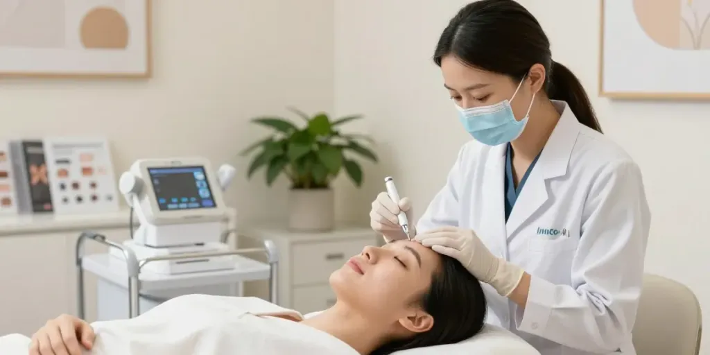 Skilled aesthetician applying meamoshop innotox in a modern beauty clinic setting.